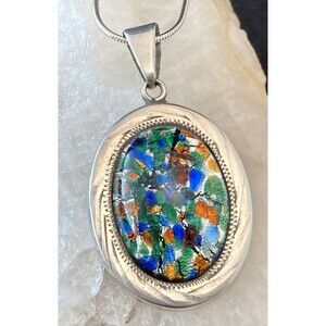 Vintage JLP Mexico Glass 925 GUA Sterling Silver Pendant 24'' Necklace 19g‎